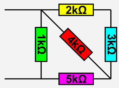 Skizze eines Schaltkreises mit 5 Widerständen, die teilweise in Reihe und teilweise parallel geschaltet sind.