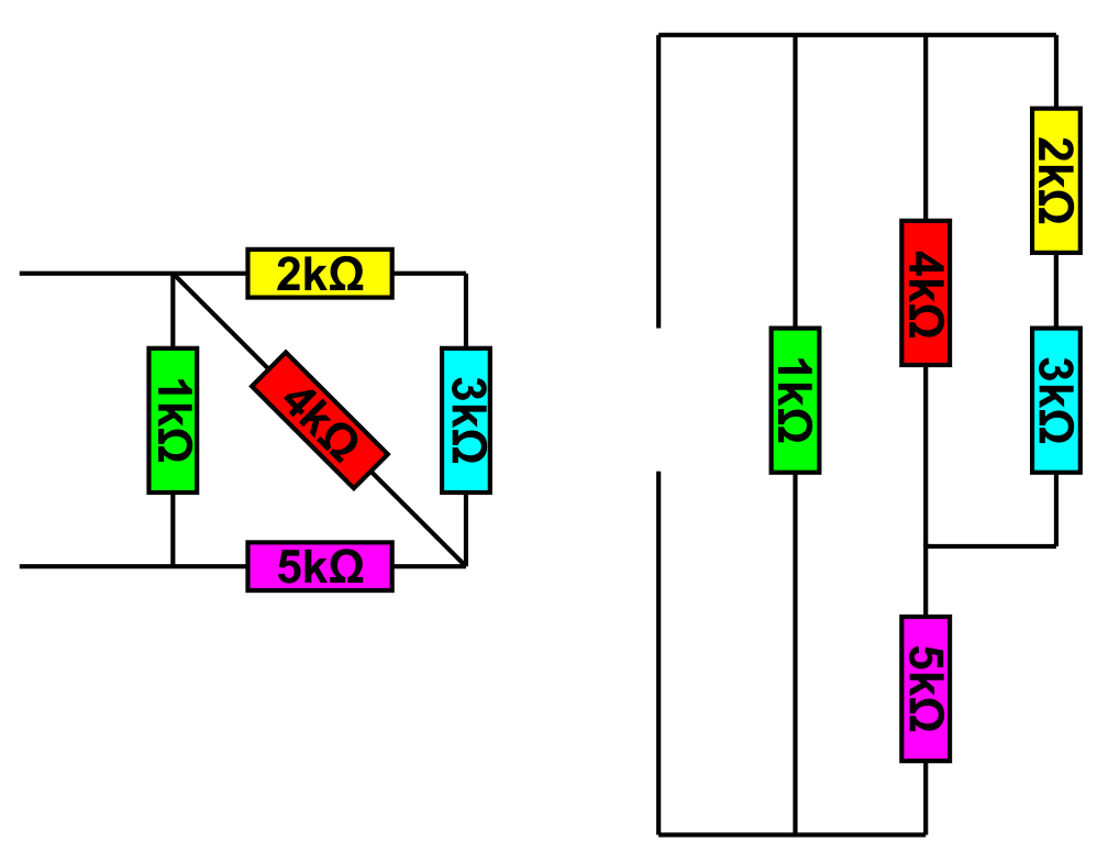Netzwerk zwei anders gezeichnet, so dass man besser sieht, welche Widerstände in Reihe und welche Widerstände parallel geschaltet sind.