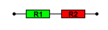 Ausschnitt aus einem Stromkreis mit zwei hinter einander geschalteten Widerständen R1 und R2.