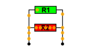 Die Skizze zeigt, wie sich in einem Stromkreis mit zwei parallelen Widerständen R1 und R2, die unterschiedlich groß sind, der Strom aufteilt.