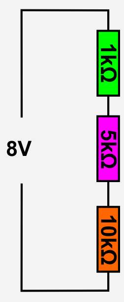 Skizze mit einer Reihenschaltungn von drei Widerständen von 1, 5 und 10 Kiloohm, bei einer anliegenden Spannung von 8 V.