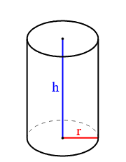 Skizze eines Zylinders: auf der kreisrunden Bodenfläche ist Rot der Radius r eingezeichnet, darauf senkrecht in Blau die Höhe h des Zylinders.