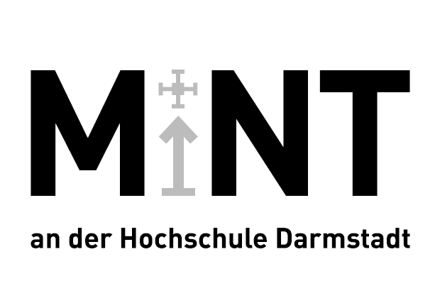 Logo des MINT-Schul-Labors der h_da. Das große I im Schriftzug MINT wird durch einen nach oben zeigenden Pfeil, der auf ein kleines Quadrat mit Fehlerbalken zeigt, ersetzt.