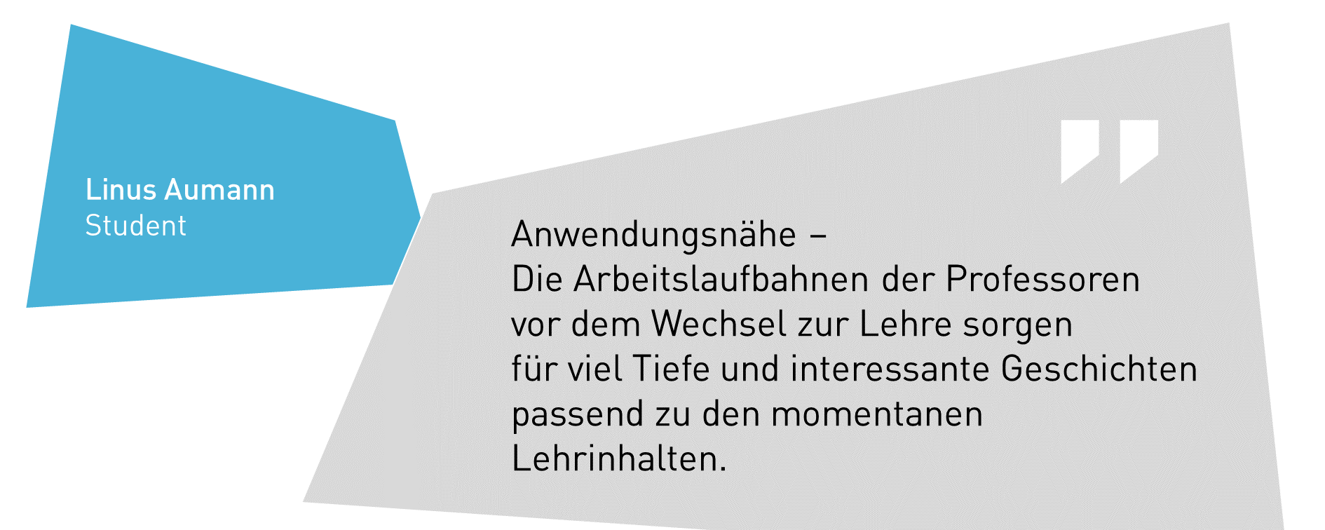 Linus Aumann, Student: Anwendungsnähe –  Die Arbeitslaufbahnen der Professoren  vor dem Wechsel zur Lehre sorgen  für viel Tiefe und interessante Geschichten passend zu den momentanen Lehrinhalten.