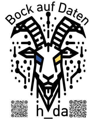Bock auf Daten - Skizze eines Ziegenbocks mit großen Hörnern inkl. Schriftzug h_da und QR-Codes zu den Seiten Data Science