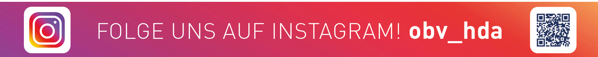 Logo von Instagram mit dem Slogan "Folge uns auf Instagram! obv_hda" mit zusätzlichem QR-Code