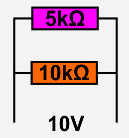 Skizze für eine Parallelschaltung von zwei Widerständen mit 5 und 10 Kiloohm, bei einer anliegenden Spannung von 10 Volt.